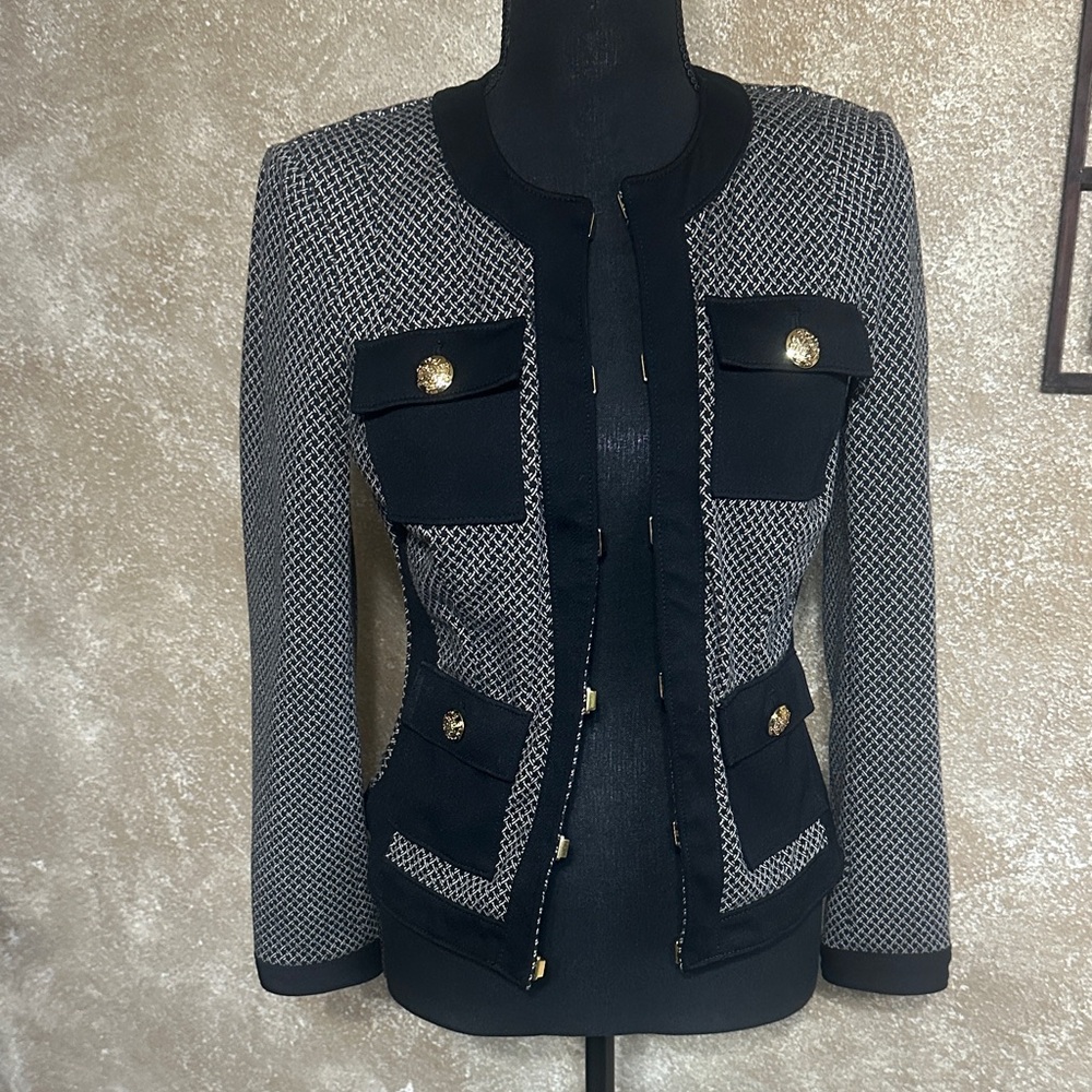 White House Black Market Black and Gray Knit Pocket Blazer with Gold Buttons